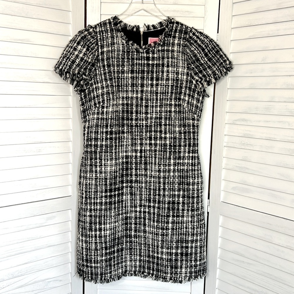KATE SPADE l Flutter Sleeve Tweed Dress Black White Pockets Size 10 / Medium* - Picture 3 of 14